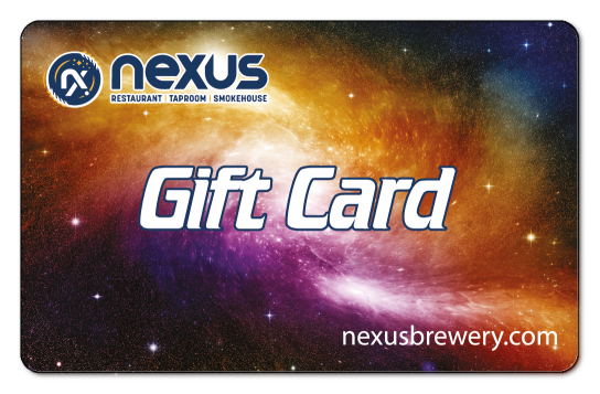 nexus brewery logo and whiter gift card text on a galaxy background